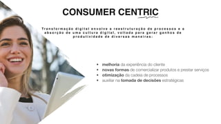 T r a n s f o r m a ç ã o d i g i t a l e n v o l v e a r e e s t r u t u r a ç ã o d e p r o c e s s o s e a
a b s o r ç ã o d e u m a c u l t u r a d i g i t a l , v o l t a d a p a r a g e r a r g a n h o s d e
p r o d u t i v i d a d e d e d i v e r s a s m a n e i r a s :
CONSUMER CENTRIC
• melhoria da experiência do cliente
• novas formas de comercializar produtos e prestar serviços
• otimização da cadeia de processos
• auxiliar na tomada de decisões estratégicas
 