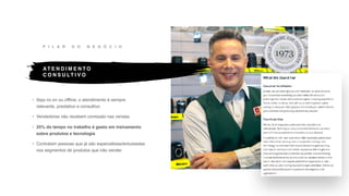 AT E N D I M E N T O
C O N S U LT I V O
P I L A R D O N E G Ó C I O
• Seja no on ou offline, o atendimento é sempre
relevante, prestativo e consultivo
• Vendedores não recebem comissão nas vendas
• 25% do tempo no trabalho é gasto em treinamento
sobre produtos e tecnologia
• Contratam pessoas que já são especialistas/entusiastas
nos segmentos de produtos que irão vender
 