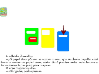 A velhinha disse-lhe: —  O papel deve pôr-se no ecoponto azul, que se chama papelão e vai transformar-se em papel novo, assim não é preciso cortar mais árvores e todos vamos ter ar puro para respirar. O urso respondeu-lhe: —  Obrigado, podes passar. 