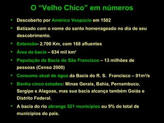 O “Velho Chico” em números
 Descoberto por Américo Vespúcio em 1502
 Batizado com o nome do santo homenageado no dia de seu
  descobrimento.
 Extensão- 2.700 Km, com 168 afluentes
 Área da bacia – 634 mil km2
 População da Bacia do São Francisco – 13 milhões de
  pessoas (Censo 2000)
 Consumo atual de água da Bacia do R. S. Francisco – 91m3/s
 Banha cinco estados: Minas Gerais, Bahia, Pernambuco,
  Sergipe e Alagoas, mas sua bacia alcança também Goiás e
  Distrito Federal.
 A bacia do rio abrange 521 municípios ou 9% do total de
  municípios do país.
 