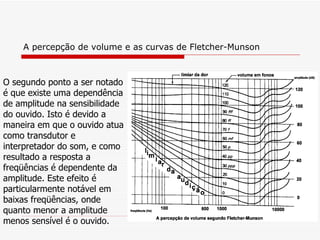 A percepção de volume e as curvas de Fletcher-Munson O segundo ponto a ser notado é que existe uma dependência de amplitude na sensibilidade do ouvido. Isto é devido a maneira em que o ouvido atua como transdutor e interpretador do som, e como resultado a resposta a freqüências é dependente da amplitude. Este efeito é particularmente notável em baixas freqüências, onde quanto menor a amplitude menos sensível é o ouvido.  