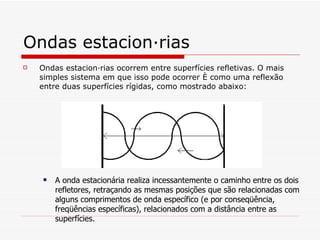 Ondas estacionárias Ondas estacionárias ocorrem entre superfícies refletivas. O mais simples sistema em que isso pode ocorrer é como uma reflexão entre duas superfícies rígidas, como mostrado abaixo: A onda estacionária realiza incessantemente o caminho entre os dois refletores, retraçando as mesmas posições que são relacionadas com alguns comprimentos de onda específico (e por conseqüência, freqüências específicas), relacionados com a distância entre as superfícies. 