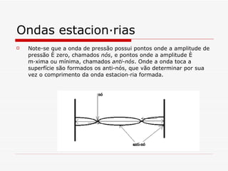Ondas estacionárias Note-se que a onda de pressão possui pontos onde a amplitude de pressão é zero, chamados  nós , e pontos onde a amplitude é máxima ou mínima, chamados  anti-nós . Onde a onda toca a superfície são formados os anti-nós, que vão determinar por sua vez o comprimento da onda estacionária formada.   