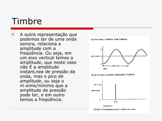 Timbre A outra representação que podemos ter de uma onda sonora, relaciona a amplitude com a freqüência. Ou seja, em um eixo vertical temos a amplitude, que neste caso não é a amplitude instantânea de pressão da onda, mas o  pico de amplitude , ou seja o máximo/mínimo que a amplitude de pressão pode ter, e em outro temos a freqüência. 