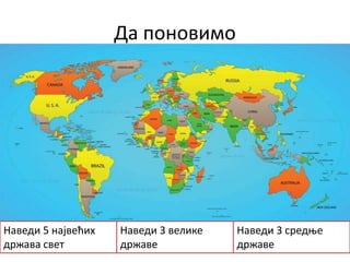 Да поновимо
Наведи 5 највећих
држава свет
Наведи 3 велике
државе
Наведи 3 средње
државе
 