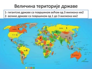 Величина територије државе
1
1
1
1
1
1
1
1- гигантске државе са површином већом од 3 милиона км2
2- велике државе са површином од 1 до 3 милиона км2
2
2
2
2
2
2
 