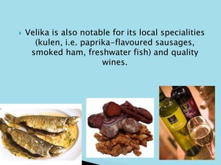  Velika is also notable for its local specialities 
(kulen, i.e. paprika-flavoured sausages, 
smoked ham, freshwater fish) and quality 
wines. 
 
