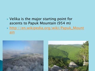  Velika is the major starting point for 
ascents to Papuk Mountain (954 m) 
 http://en.wikipedia.org/wiki/Papuk_Mount 
ain 
 