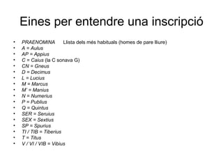 Eines per entendre una inscripció PRAENOMINA  Llista dels més habituals (homes de pare lliure) A = Aulus AP = Appius C = Caius  (la C sonava G) CN = Gneus D = Decimus L = Lucius M = Marcus M’ = Manius N = Numerius P = Publius Q = Quintus SER = Seruius SEX = Sextius SP = Spurius TI / TIB = Tiberius T = Titus V / VI / VIB = Vibius 