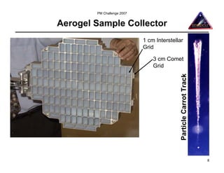 PM Challenge 2007


Aerogel Sample Collector
                            1 cm Interstellar
                            Grid

                                3 cm Comet
                                Grid




                                            Particle Carrot Track
                                                                    8
 