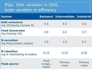 Pigs: little variation in GHG,
wide variation in efficiency
System Backyard Intermediate Industrial
GHG emissions
(kg CO2eq/kg Carcass W.
5.5 6.5 6.0
Feed Conversion
(kg feed/kg LW)
4.9 3.4 2.7
N excretion
(kg N/kg protein output)
2.0 1.0 0.7
N retention
(kg N retained/kg N intake)
0.15 0.23 0.30
Feed source
Food
scraps,
waste
Primary
crops
Primary
crops
 