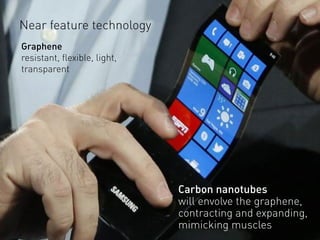 Graphene
resistant, flexible, light,
transparent
Near feature technology
Carbon nanotubes  
will envolve the graphene,
contracting and expanding,
mimicking muscles
 