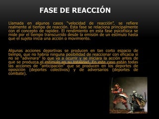 FASES DE LA VELOCIDADEn la expresión más completa de la velocidad siempre se darán cuatro fases:Fase de Reacción.Fase de aceleraciónFase de máxima velocidadFase de pérdida de velocidad