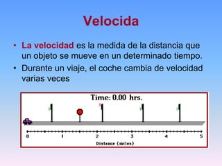 Velocida
• La velocidad es la medida de la distancia que
  un objeto se mueve en un determinado tiempo.
• Durante un viaje, el coche cambia de velocidad
  varias veces
 