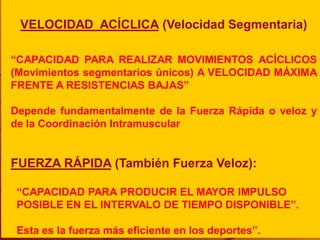 VELOCIDAD ACÍCLICA (Velocidad Segmentaria)

“CAPACIDAD PARA REALIZAR MOVIMIENTOS ACÍCLICOS
(Movimientos segmentarios únicos) A VELOCIDAD MÁXIMA
FRENTE A RESISTENCIAS BAJAS”

Depende fundamentalmente de la Fuerza Rápida o veloz y
de la Coordinación Intramuscular


FUERZA RÁPIDA (También Fuerza Veloz):

 “CAPACIDAD PARA PRODUCIR EL MAYOR IMPULSO
 POSIBLE EN EL INTERVALO DE TIEMPO DISPONIBLE”.

 Esta es la fuerza más eficiente en los deportes”.
 