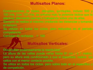 Multisaltos Planos:
Combinaciones de triples, décuples, quíntuples, incluso 500 y
100 mts. (con 100 mts. se entrena más la potencia láctica que la
aláctica) alternando piernas o trabajando sobre una de ellas.
Siempre se realiza al máximo (midiendo las distancias y tomando
el tiempo).
Se utilizan en todos los ciclos, pero reducidos en el período
competencia.
Cantidad de rechazos: < 100

                 Multisaltos Verticales:
Desarrollan poderosamente la reactividad.
La altura de las vallas puede variar hasta 91 cm ( ó 1 metro),
pero su altura está condicionado a que el deportista, realice los
saltos con el menor contacto posible.
Se utiliza en todos los ciclos, pero sobre todo en el específico y
de competición.
 