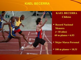 KAEL BECERRA

                KAEL BECERRA
                   Chileno

                Record Nacional
               Menores
               (< 18 años)
               60 m planos = 6.93

               Mejor Marca Personal

               100 m planos = 10.31
 
