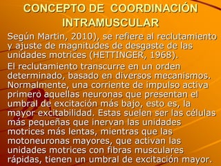 CONCEPTO DE COORDINACIÓN
        INTRAMUSCULAR
Según Martin, 2010), se refiere al reclutamiento
y ajuste de magnitudes de desgaste de las
unidades motrices (HETTINGER, 1968).
El reclutamiento transcurre en un orden
determinado, basado en diversos mecanismos.
Normalmente, una corriente de impulso activa
primero aquellas neuronas que presentan el
umbral de excitación más bajo, esto es, la
mayor excitabilidad. Estas suelen ser las células
más pequeñas que inervan las unidades
motrices más lentas, mientras que las
motoneuronas mayores, que activan las
unidades motrices con fibras musculares
rápidas, tienen un umbral de excitación mayor.
 