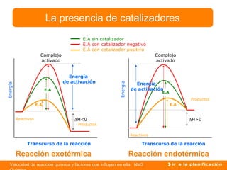 La presencia de catalizadores Energía  de activación Complejo activado E.A E.A Complejo activado E.A E.A Reacción exotérmica Reacción endotérmica Energía  de activación Energía  Transcurso de la reacción Reactivos  H<0 Productos Transcurso de la reacción Reactivos  H>0 Energía Productos E.A sin catalizador E.A con catalizador negativo E.A con catalizador positivo 
