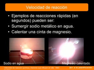 Ejemplos de reacciones rápidas (en segundos) pueden ser: Sumergir sodio metálico en agua. Calentar una cinta de magnesio. Velocidad de reacción Sodio en agua Magnesio calentado 