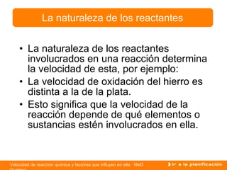 La naturaleza de los reactantes involucrados en una reacción determina la velocidad de esta, por ejemplo: La velocidad de oxidación del hierro es distinta a la de la plata. Esto significa que la velocidad de la reacción depende de qué elementos o sustancias estén involucrados en ella.  La naturaleza de los reactantes 