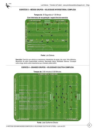 4
Luis Esteves – Treinador de Futebol – www.periodizacaotatica.blogspot.com – Artigo
A HIPÓTESE DOS MARCADORES SOMÁTICOS E A VELOCIDADE COLETIVA NO FUTEBOL – Junho de 2010
EXERCÍCIO 3 – MÉDIOS GRUPOS – VELOCIDADE INTERSETORIAL COMPLEXA
Tempos de: 30 Segundos à 1:30 Minuto
Com Intervalos de recuperação / espera fora do exercício
Fonte: Luis Esteves
Descrição: Exercício que valoriza os mecanismos intersetoriais da equipe, tais como: linha defensiva,
Mecanismo de sobra (superioridade numérica), Basculação lateral, Mobilidade Ofensiva, Circulação
curta e longa, dentre outros mecanismos que o treinador poderá definir.
EXERCÍO 4 – GRANDES GRUPOS – VELOCIDADE COLETIVA COMPLEXA
Tempos de: 3:00 minutos à 5:00 Minutos.
Fonte: José Guilherme Oliveira
 