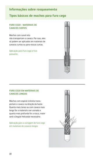 48
Informações sobre rosqueamento
Tipos básicos de machos para furo cego
Furo cego - Materiais de
­cavacos curtos
Machos com canal reto
não transportam o cavaco. Por isso, eles
só podem ser aplicados em materiais de
cavacos curtos ou para roscas curtas.
Aplicação para furo cego e furo
passante.
Furo cego em materiais de
cavacos longos
Machos com espiral à direita trans-
portam o cavaco na direção da haste.
Quanto mais tenaz ou com cavaco mais
longo for o material a ser usinado e
quanto mais profunda for a rosca, maior
será o ângulo helicoidal necessário.
Aplicação para a usinagem de furo cego
em materiais de cavacos longos.
 