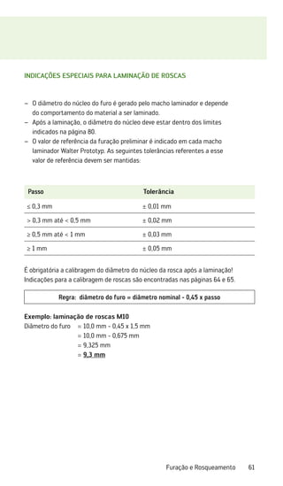 61
Furação e Rosqueamento
Regra: diâmetro do furo = diâmetro nominal - 0,45 x passo
Indicações especiais para laminação de roscas
O diâmetro do núcleo do furo é gerado pelo macho laminador e depende
–
–
do comportamento do material a ser laminado.
Após a laminação, o diâmetro do núcleo deve estar dentro dos limites
–
–
indicados na página 80.
O valor de referência da furação preliminar é indicado em cada macho
–
–
laminador Walter Prototyp. As seguintes tolerâncias referentes a esse
valor de referência devem ser mantidas:
É obrigatória a calibragem do diâmetro do núcleo da rosca após a laminação!
­
Indicações para a calibragem de roscas são encontradas nas páginas 64 e 65.
Exemplo: laminação de roscas M10
Diâmetro do furo	 = 10,0 mm - 0,45 x 1,5 mm
	 = 10,0 mm - 0,675 mm
	 = 9,325 mm
	 = 9,3 mm
Passo Tolerância
≤ 0,3 mm ± 0,01 mm
 0,3 mm até  0,5 mm ± 0,02 mm
≥ 0,5 mm até  1 mm ± 0,03 mm
≥ 1 mm ± 0,05 mm
 