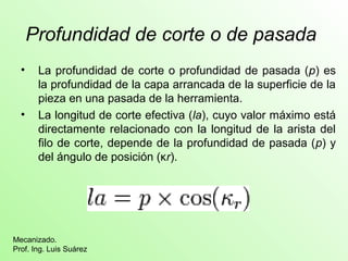 Profundidad de corte o de pasada 
• La profundidad de corte o profundidad de pasada (p) es 
la profundidad de la capa arrancada de la superficie de la 
pieza en una pasada de la herramienta. 
• La longitud de corte efectiva (la), cuyo valor máximo está 
directamente relacionado con la longitud de la arista del 
filo de corte, depende de la profundidad de pasada (p) y 
del ángulo de posición (κr). 
Mecanizado. 
Prof. Ing. Luis Suárez 
 