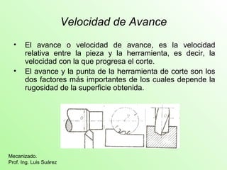 Velocidad de Avance 
• El avance o velocidad de avance, es la velocidad 
relativa entre la pieza y la herramienta, es decir, la 
velocidad con la que progresa el corte. 
• El avance y la punta de la herramienta de corte son los 
dos factores más importantes de los cuales depende la 
rugosidad de la superficie obtenida. 
Mecanizado. 
Prof. Ing. Luis Suárez 
 