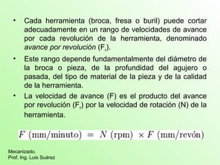 • Cada herramienta (broca, fresa o buril) puede cortar 
adecuadamente en un rango de velocidades de avance 
por cada revolución de la herramienta, denominado 
avance por revolución (Fn). 
• Este rango depende fundamentalmente del diámetro de 
la broca o pieza, de la profundidad del agujero o 
pasada, del tipo de material de la pieza y de la calidad 
de la herramienta. 
• La velocidad de avance (F) es el producto del avance 
por revolución (Fn) por la velocidad de rotación (N) de la 
herramienta. 
Mecanizado. 
Prof. Ing. Luis Suárez 
 