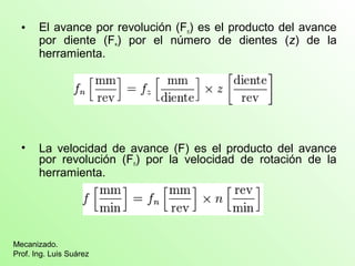 • El avance por revolución (Fn) es el producto del avance 
por diente (F≈) por el número de dientes (z) de la 
herramienta. 
• La velocidad de avance (F) es el producto del avance 
por revolución (Fn) por la velocidad de rotación de la 
herramienta. 
Mecanizado. 
Prof. Ing. Luis Suárez 
 