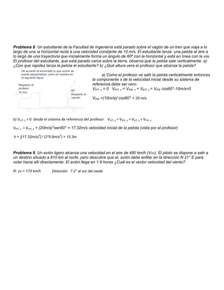Problema 8. Un estudiante de la Facultad de Ingeniería está parado sobre el vagón de un tren que viaja a lo
largo de una ía horizontal recta a una velocidad constante de 10 m/s. El estudiante lanza una pelota al aire a
lo largo de una trayectoria que inicialmente forma un ángulo de 60º con la horizontal y está en línea con la vía.
El profesor del estudiante, que está parado cerca sobre la tierra, observa que la pelota sale verticalmente. a)
¿Con que rapidez lanza la pelota el estudiante? b) ¿Qué altura vera el profesor que alcanza la pelota?
     De acuerdo al enunciado lo que ocurre se
     puede esquematizar como se muestra en                      a) Como el profesor ve salir la pelota verticalmente entonces
     la siguiente figura
                                                         la componente x de la velocidad inicial desde su sistema de
   Respecto al                                           referencia debe ser cero:
   profesor
                                           60°
                                                         VP/T, x = 0 VP/T, x = VP/E, x + VE/T, x = VP/E cos60°-10m/s=0
   10 m/s
                                           Respecto al
                                           camión        VP/E =(10m/s)/ cos60° = 20 m/s




b) VE/T, y = 0 desde el sistema de referencia del profesor VP/T, y = VP/E, y + VE/T, y = VP/E, y

VP/T, y = VP/E, y = (20m/s)*sen60° = 17.32m/s velocidad inicial de la pelota (vista por el profesor)
                  2               2
h = [(17.32m/s) ] / (2*9.8m/s ) = 15.3m



Problema 9. Un avión ligero alcanza una velocidad en el aire de 480 km/h (VAV). El piloto se dispone a salir a
un destino situado a 810 km al norte, pero descubre que el, avión debe enfilar en la dirección N 21° E para
volar hacia allí directamente. El avión llega en 1.9 horas ¿Cuál es el vector velocidad del viento?

R: vv = 174 km/h            Dirección: 7.2° al sur del oeste
 