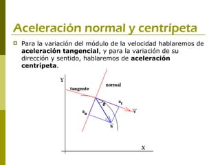 Aceleración normal y centrípeta
   Para la variación del módulo de la velocidad hablaremos de
    aceleración tangencial, y para la variación de su
    dirección y sentido, hablaremos de aceleración
    centrípeta.
 