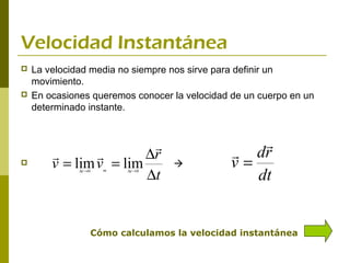 Velocidad Instantánea
   La velocidad media no siempre nos sirve para definir un
    movimiento.
   En ocasiones queremos conocer la velocidad de un cuerpo en un
    determinado instante.



                                                    
                      ∆r                        dr
       v = lim v = lim                         v=
                        ∆t                          dt
              ∆t →0     m    ∆t →0




                      Cómo calculamos la velocidad instantánea
 