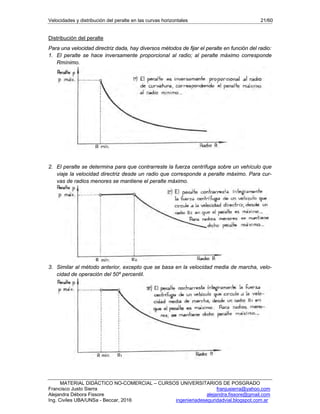Velocidades y distribución del peralte en las curvas horizontales 21/60
MATERIAL DIDÁCTICO NO-COMERCIAL – CURSOS UNIVERSITARIOS DE POSGRADO
Francisco Justo Sierra franjusierra@yahoo.com
Alejandra Débora Fissore alejandra.fissore@gmail.com
Ing. Civiles UBA/UNSa - Beccar, 2016 ingenieriadeseguridadvial.blogspot.com.ar
Distribución del peralte
Para una velocidad directriz dada, hay diversos métodos de fijar el peralte en función del radio:
1. El peralte se hace inversamente proporcional al radio; al peralte máximo corresponde
Rmínimo.
2. El peralte se determina para que contrarreste la fuerza centrífuga sobre un vehículo que
viaje la velocidad directriz desde un radio que corresponde a peralte máximo. Para cur-
vas de radios menores se mantiene el peralte máximo.
3. Similar al método anterior, excepto que se basa en la velocidad media de marcha, velo-
cidad de operación del 50º percentil.
 