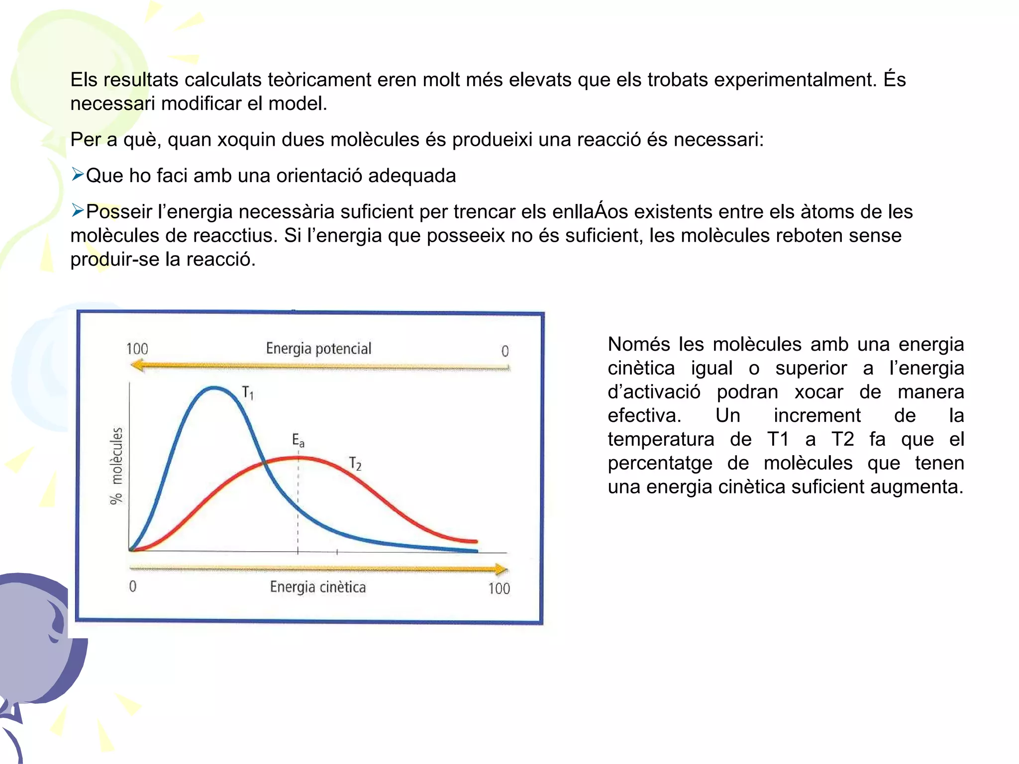 Els resultats calculats teòricament eren molt més elevats que els trobats experimentalment. És necessari modificar el model. Per a què, quan xoquin dues molècules és produeixi una reacció és necessari: Que ho faci amb una orientació adequada Posseir l’energia necessària suficient per trencar els enllaços existents entre els àtoms de les molècules de reacctius. Si l’energia que posseeix no és suficient, les molècules reboten sense produir-se la reacció. Només les molècules amb una energia cinètica igual o superior a l’energia d’activació podran xocar de manera efectiva. Un increment de la temperatura de T1 a T2 fa que el percentatge de molècules que tenen una energia cinètica suficient augmenta. 