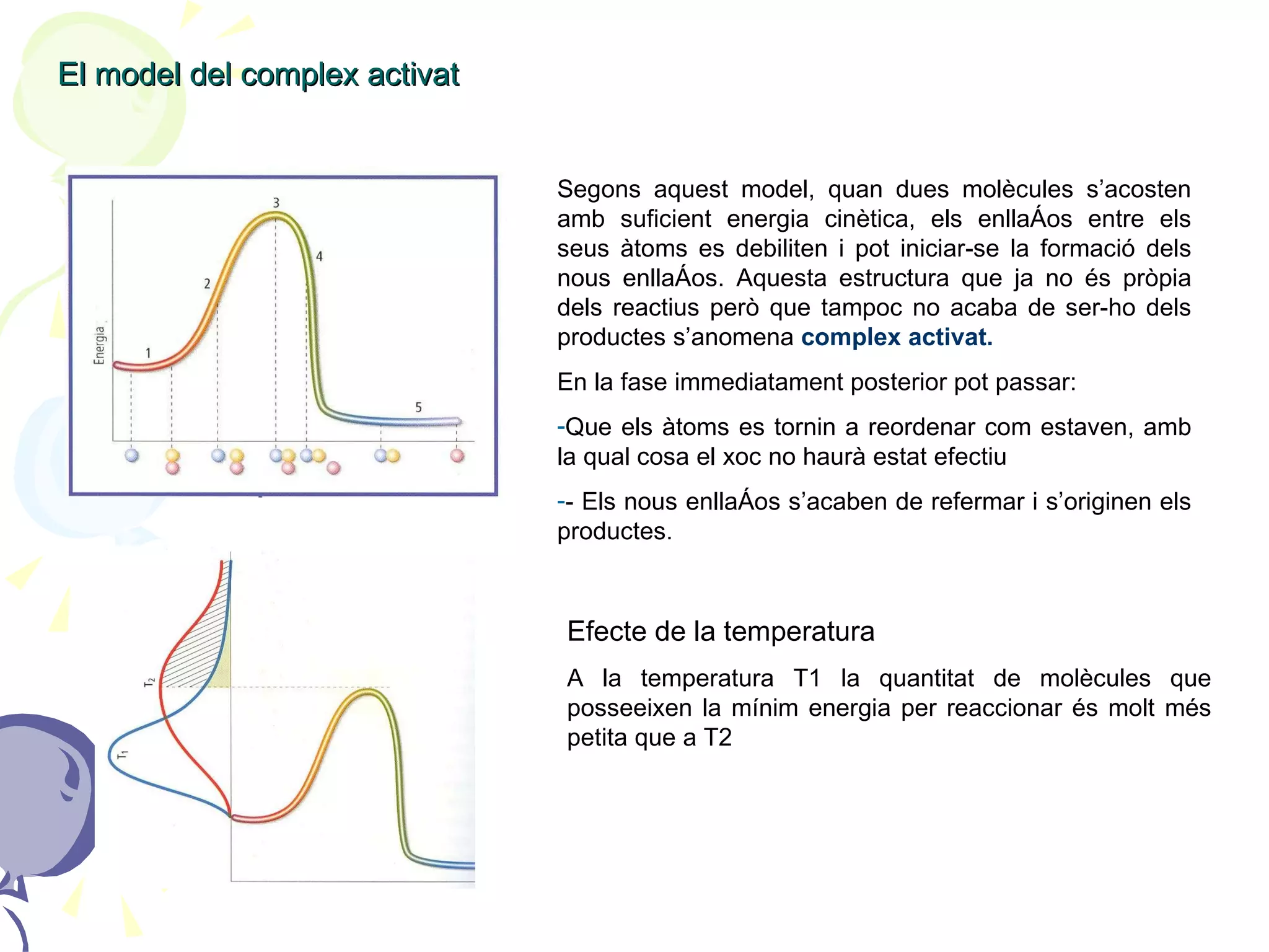 El model del complex activat Segons aquest model, quan dues molècules s’acosten amb suficient energia cinètica, els enllaços entre els seus àtoms es debiliten i pot iniciar-se la formació dels nous enllaços. Aquesta estructura que ja no és pròpia dels reactius però que tampoc no acaba de ser-ho dels productes s’anomena  complex activat. En la fase immediatament posterior pot passar: Que els àtoms es tornin a reordenar com estaven, amb la qual cosa el xoc no haurà estat efectiu - Els nous enllaços s’acaben de refermar i s’originen els productes. Efecte de la temperatura A la temperatura T1 la quantitat de molècules que posseeixen la mínim energia per reaccionar és molt més petita que a T2 