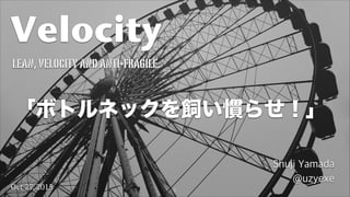 1
Velocity
Shuji Yamada
@uzyexe
lean,velocityandanti-fragile.
Oct 27, 2015
「ボトルネックを飼い慣らせ！」
 