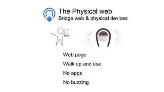 The Physical web
Web page
Walk up and use
No apps
No buzzing
Bridge web & physical devices
 