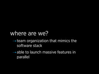 where are we?
⇢ team organization that mimics the
  software stack
⇢ able to launch massive features in
  parallel
 