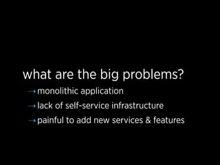 what are the big problems?
⇢ monolithic application
⇢ lack of self-service infrastructure
⇢ painful to add new services & features
 