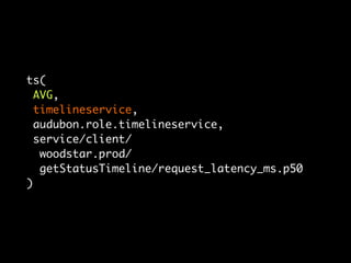 ts(
  AVG,
  timelineservice,
  audubon.role.timelineservice,
  service/client/
   woodstar.prod/
   getStatusTimeline/request_latency_ms.p50
)
 