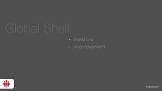 #velocityconf
Global Shell
• Shared by all
• Visual representation
 