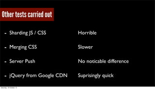 Other tests carried out
-

Sharding JS / CSS

Horrible

-

Merging CSS

Slower

-

Server Push

No noticable difference

-...