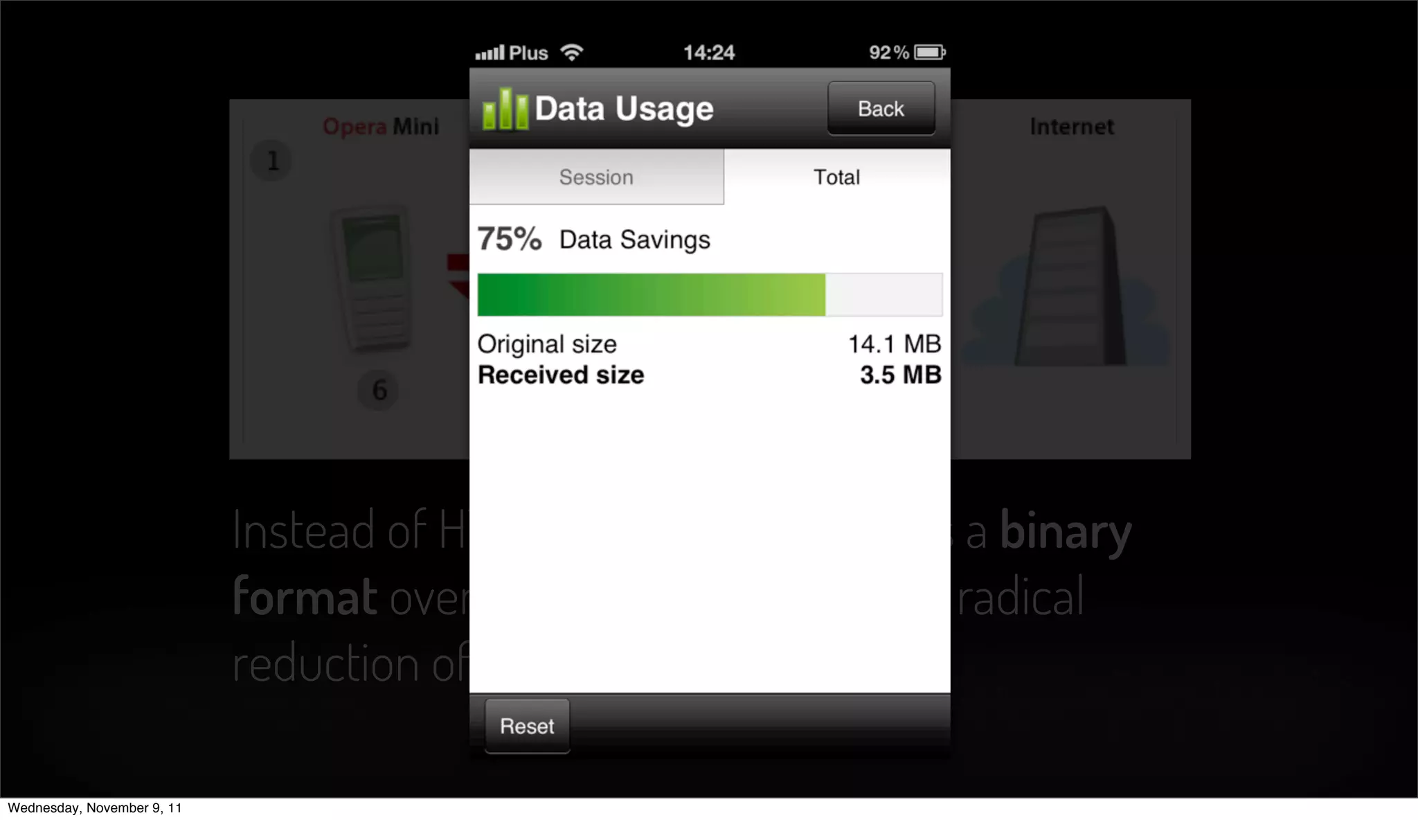 Instead of HTTP and HTML, Mini uses a binary
                            format over a binary protocol, with radical
                            reduction of request and responses.

Wednesday, November 9, 11
 