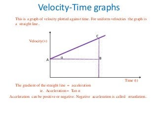 Velocity-Time graphs
This is a graph of velocity plotted against time. For uniform velocities the graph is
a straight line..
Velocity(v)
Time (t)
The gradient of the straight line = acceleration
ie. Acceleration = Tan α
Acceleration can be positive or negative. Negative acceleration is called retardation..
α
A B
C
 