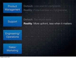 Product        Default: Lets wait for complaints
         Management       Reality: Proactiveness => Forgiveness


       ...