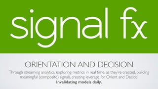 ORIENTATION AND DECISION
Through streaming analytics, exploring metrics in real time, as they’re created, building
meaningful (composite) signals, creating leverage for Orient and Decide.
Invalidating models daily.
 