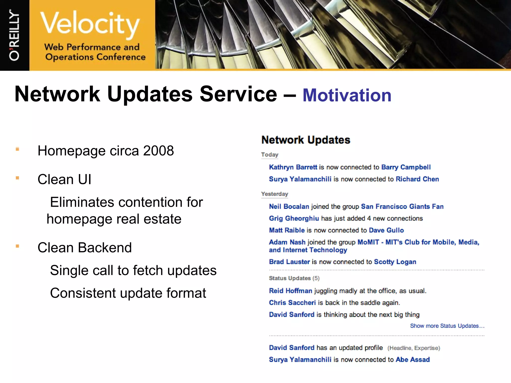 Network Updates Service – Motivation
 Homepage circa 2008
 Clean UI
Eliminates contention for
homepage real estate
 Clean Backend
Single call to fetch updates
Consistent update format
 